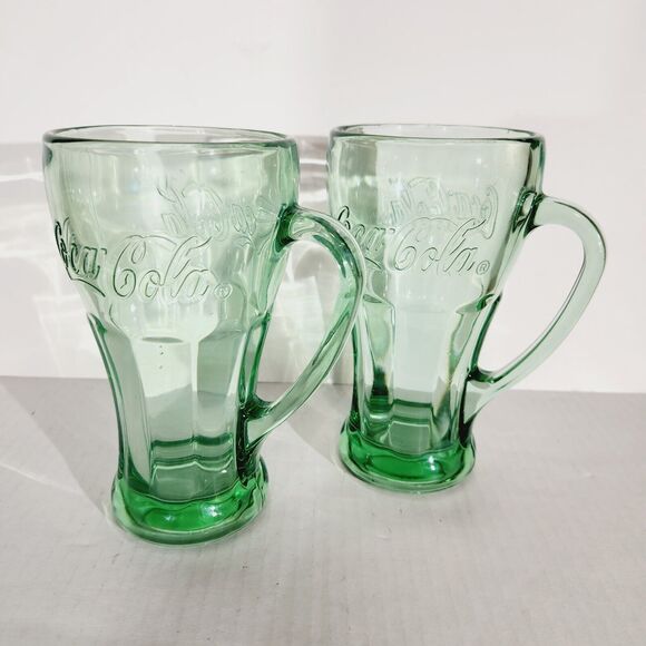 Libbey Coca Cola Mug Drinking Glass Handle Green Glass Vtg Embossed Design Retro - Picture 9 of 12